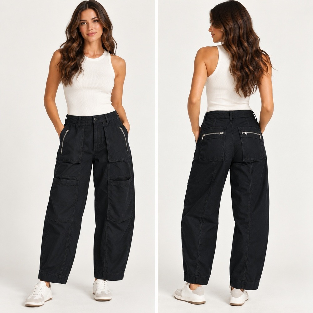 Abercrombie & Fitch Black Utility Barrel Leg Pants Women 14R Stretch Zip Pockets